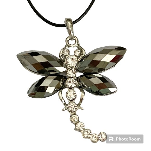 Vtg Dragonfly Necklace Pendant Insect Gray Crystal Silver Plated Black Cord 18" - Picture 1 of 10